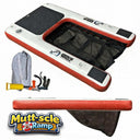 The Mutt-scle XL Floating Dog Ramp by American Muscle Docks & Fabrication is a rectangular, heavy-duty ramp with mesh net, black grip areas, and Mutt-scle Ramp logo. Includes backpack, pump, and hose.