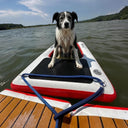 A black and white dog sits on a paddleboard with the Mutt-scle XL Floating Dog Ramp by American Muscle Docks & Fabrication on a lake, with a wooden dock and green hills in the background.