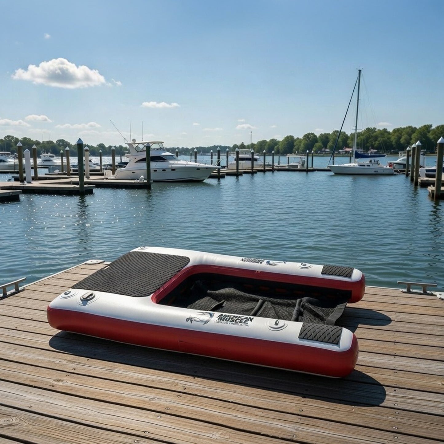 The Mutt-scle XL Floating Dog Ramp by American Muscle Docks & Fabrication is set up beside a marina, floating on calm water with boats nearby under a clear blue sky.