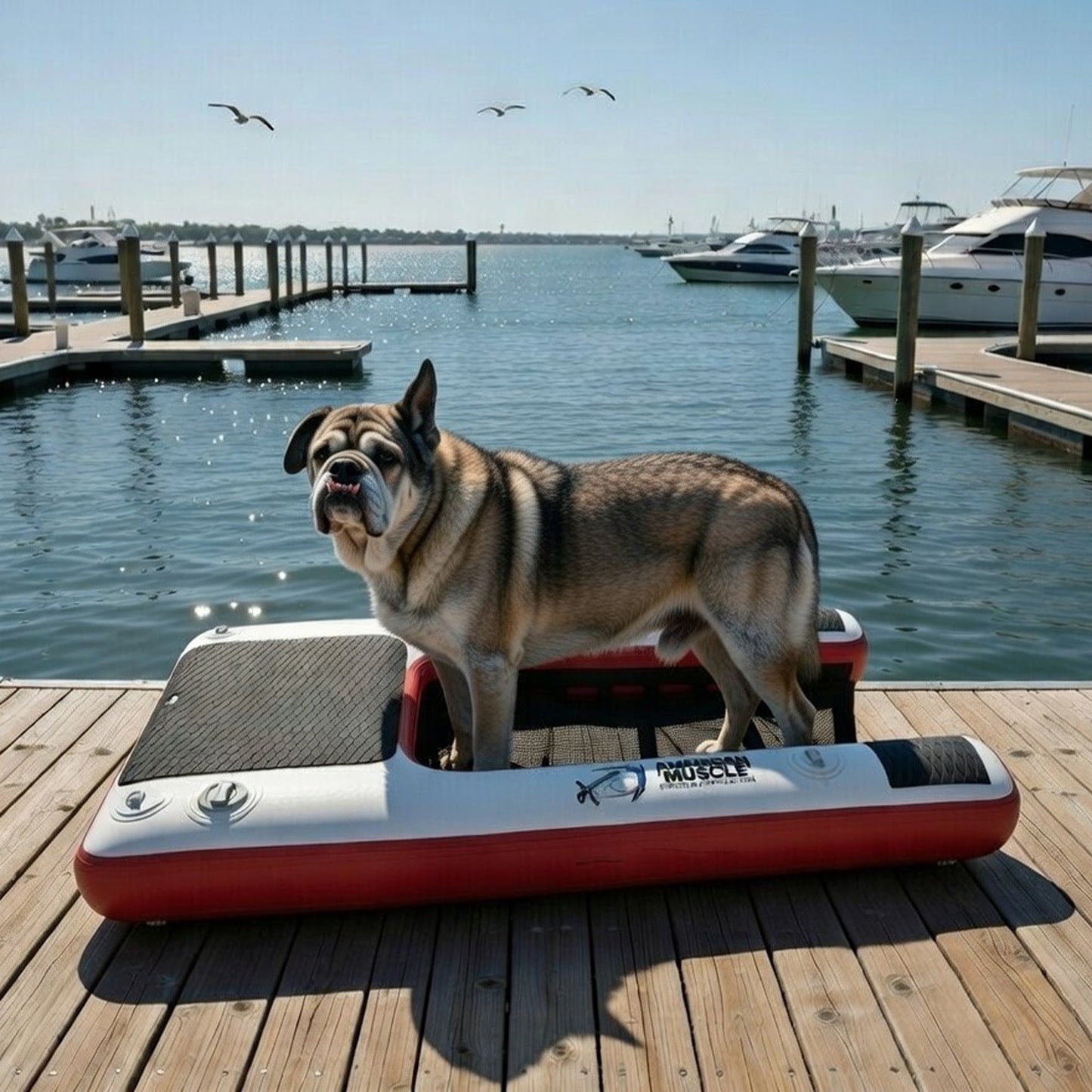 A bulldog stands on the Mutt-scle XL Floating Dog Ramp by American Muscle Docks & Fabrication at a marina, with boats and seagulls in the sunny background.