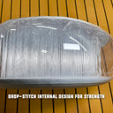 Cross-section of the Mutt-scle XL Floating Dog Ramp by American Muscle Docks & Fabrication shows vertical drop-stitch fibers inside; text overlay reads, “DROP-STITCH INTERNAL DESIGN FOR STRENGTH.”.