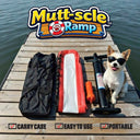 A dog in sunglasses sits by the water next to the American Muscle Docks & Fabrication Mutt-scle XL Floating Dog Ramp, carry case, pump, and accessories. Text emphasizes its portability and easy setup.