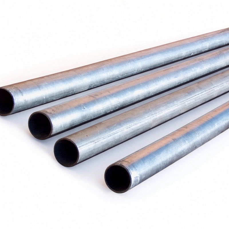 Four Galvanized Steel Pipes by American Muscle Docks & Fabrication, each a 1.5" I.D. Schedule 40 Structural Pipe, are placed parallel on a white surface with open ends visible to the viewer.