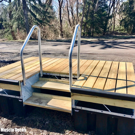 custom floating dock with steps ready for pickup built by American Muscle Docks