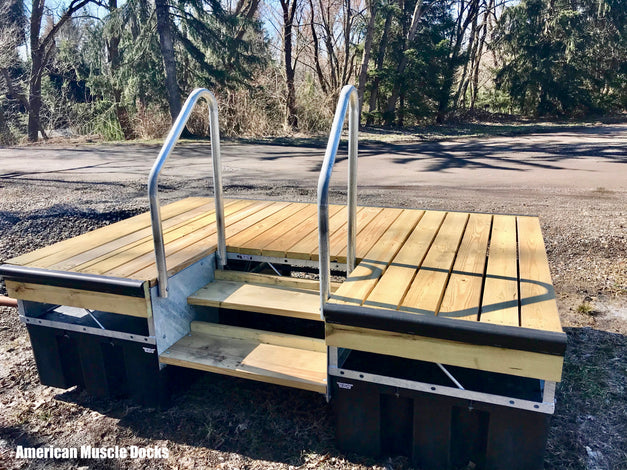 custom floating dock with steps ready for pickup built by American Muscle Docks
