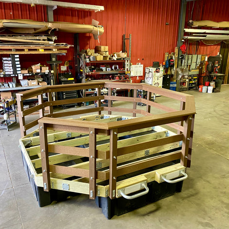 custom octagon floating dock with railings built by American Muscle Docks