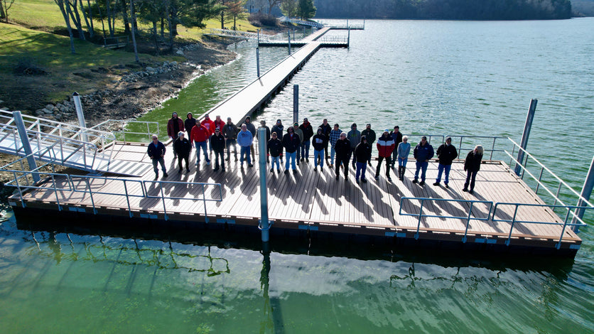 Drone picture of AMD employees on Washington County Lake Municiple Project built by American Muscle Docks
