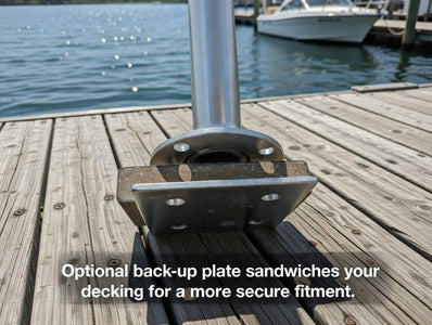 Helping Hand Backup Plate sandwich on a wooden dock with water and boats in the background