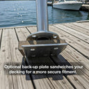 Helping hand backup plate on a wooden dock with water and boats in the background