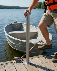 Person boarding a small boat on a dock using the Helping Hand with a calm lake and trees in the background