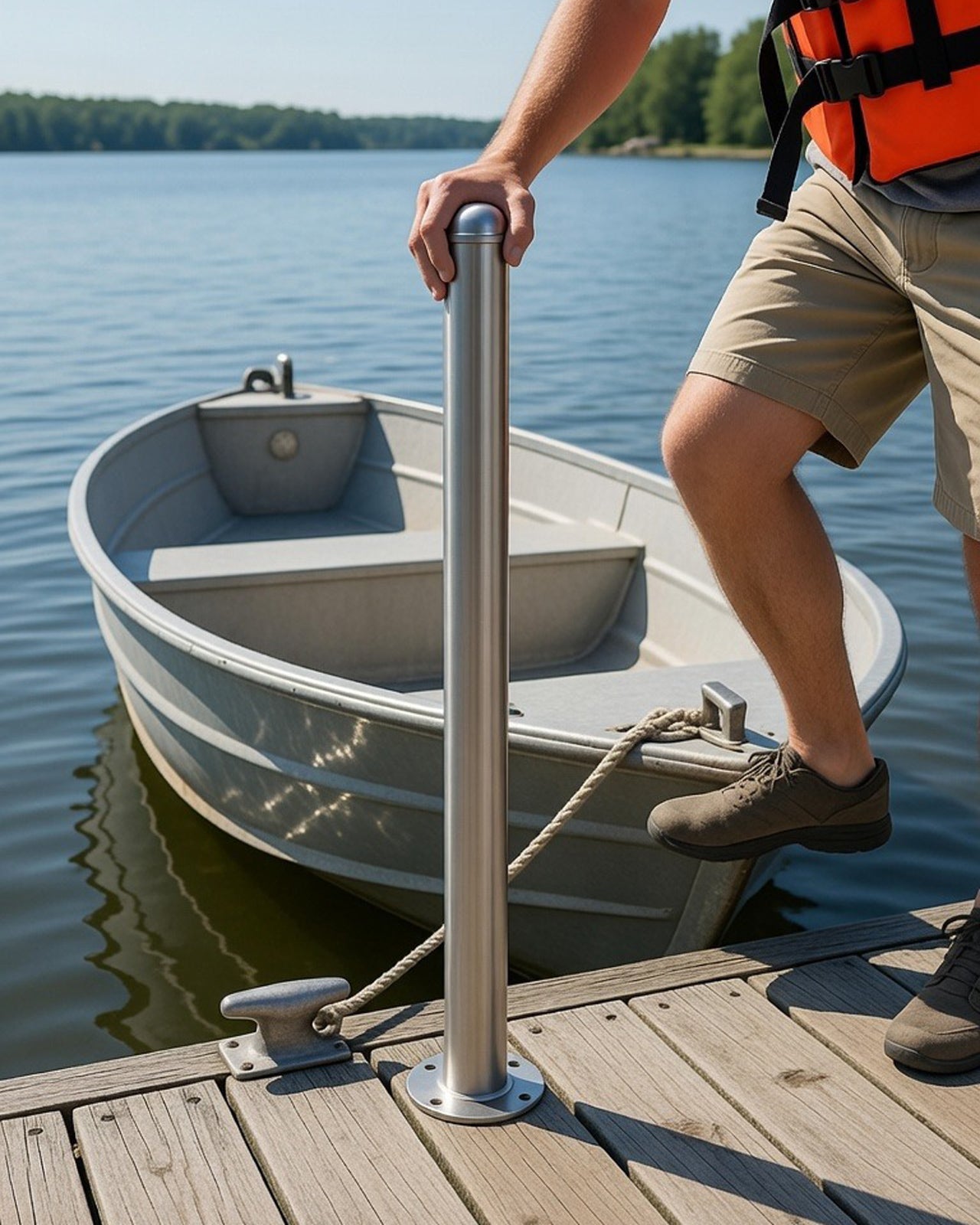 Person boarding a small boat on a dock using the Helping Hand with a calm lake and trees in the background