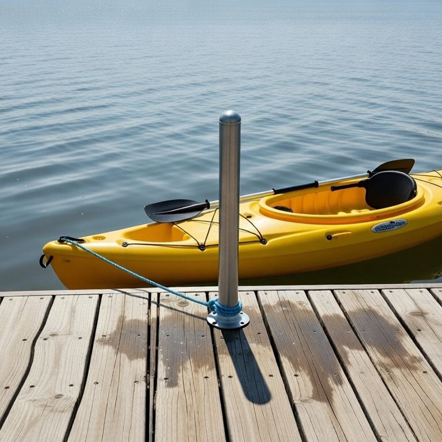 Yellow kayak tied to a dock with a pole, on a calm body of water tethered tightly to the Helping Hand built by American Muscle Docks
