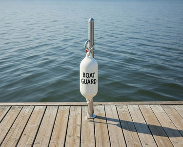 White buoy labeled 'BOAT GUARD' tied to a Helping Hand on a wooden dock with water in the background