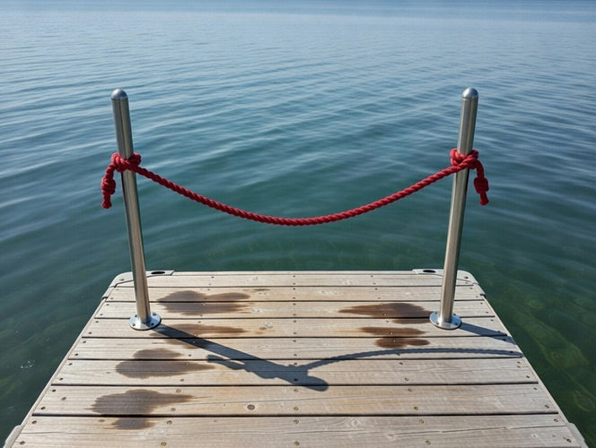 Wooden dock with Helping Hand and red rope on a calm body of water