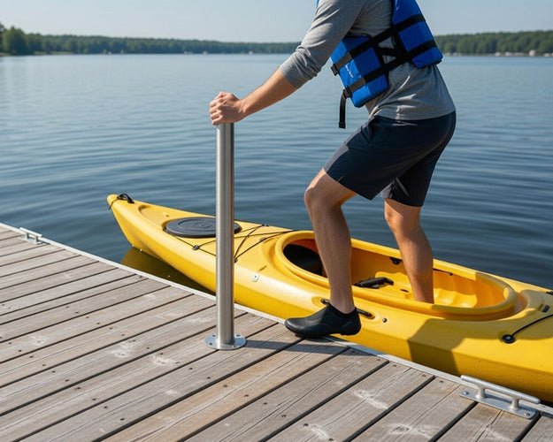 Person getting into a yellow kayak on a wooden dock by a lake using the Helping Hand dock support post