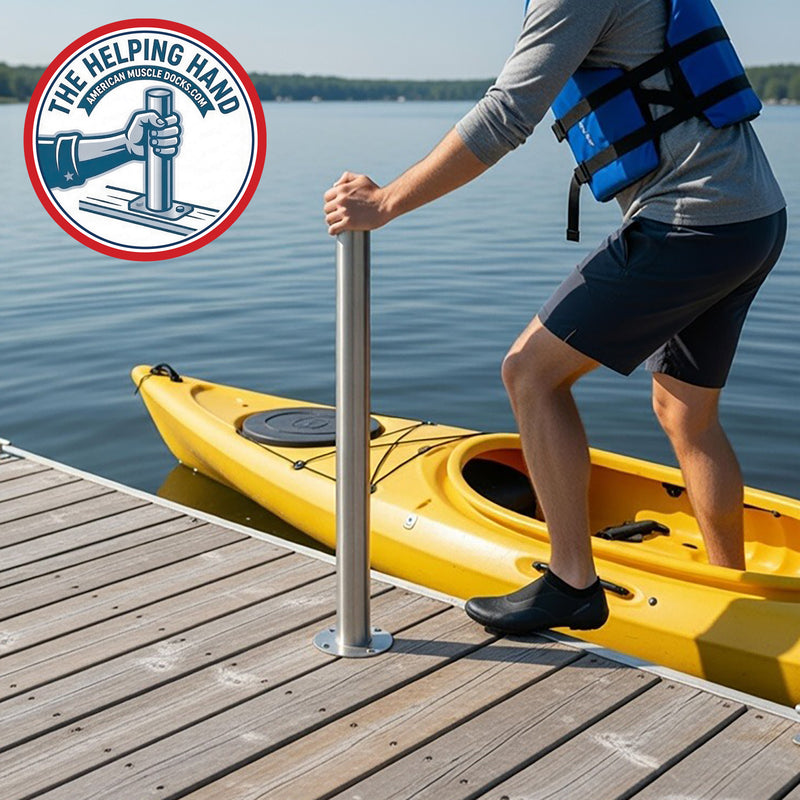 Person getting into a kayak with a Helping Hand dock support pole, wearing a life jacket, on a lake.
