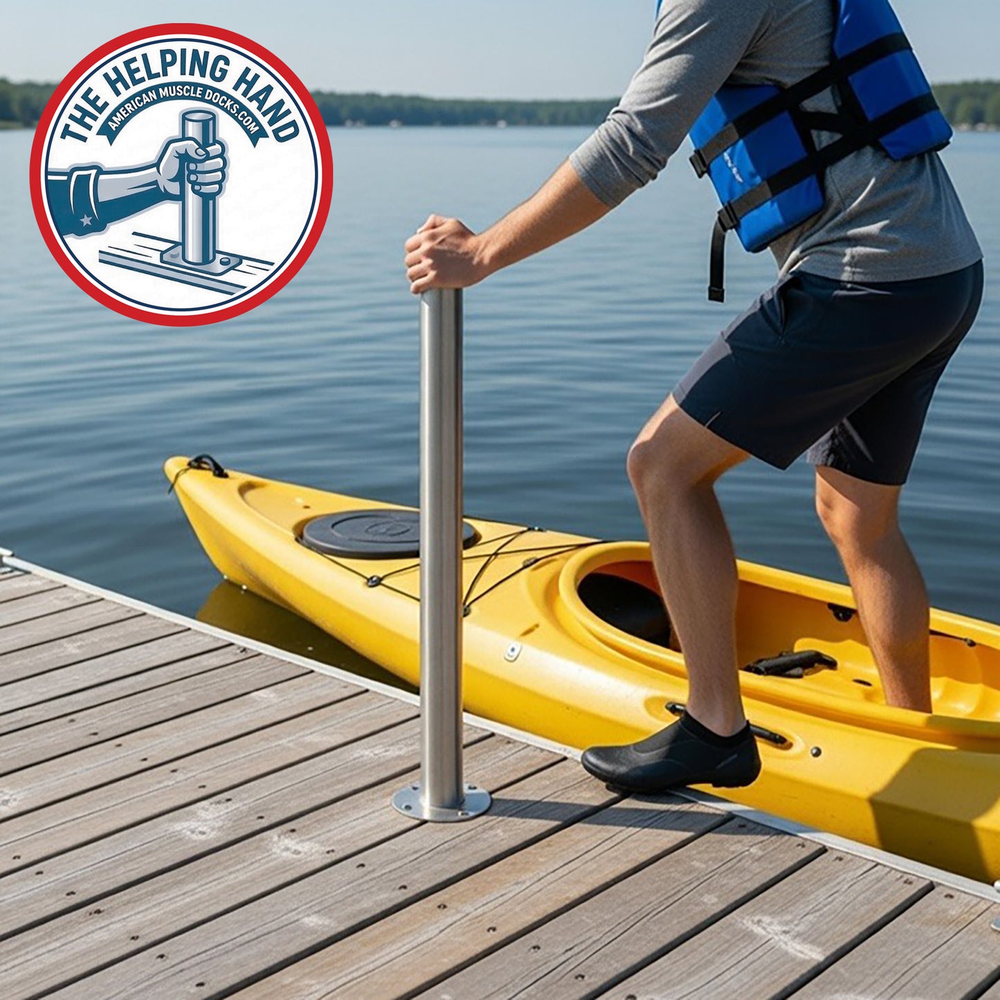 Person getting into a kayak with a Helping Hand dock support pole, wearing a life jacket, on a lake.