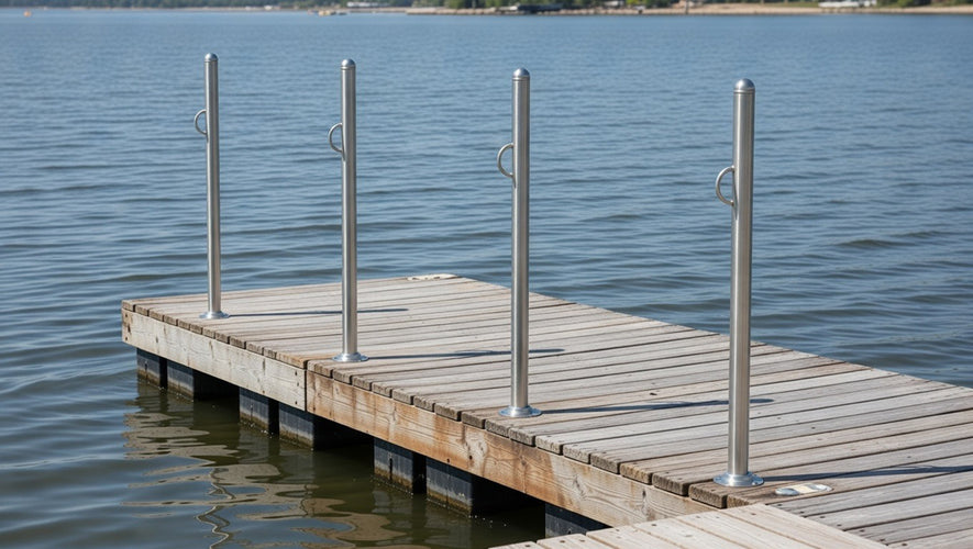 Wooden dock with Helping Hand support posts extending into a calm body of water.