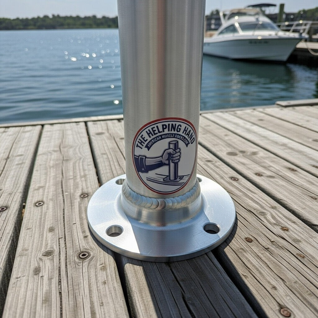 A High-Five 40 inch Helping Hand dock grab post by American Muscle Docks & Fabrication is mounted on a wooden dock by the water, displaying its sticker with boats and trees visible in the background.