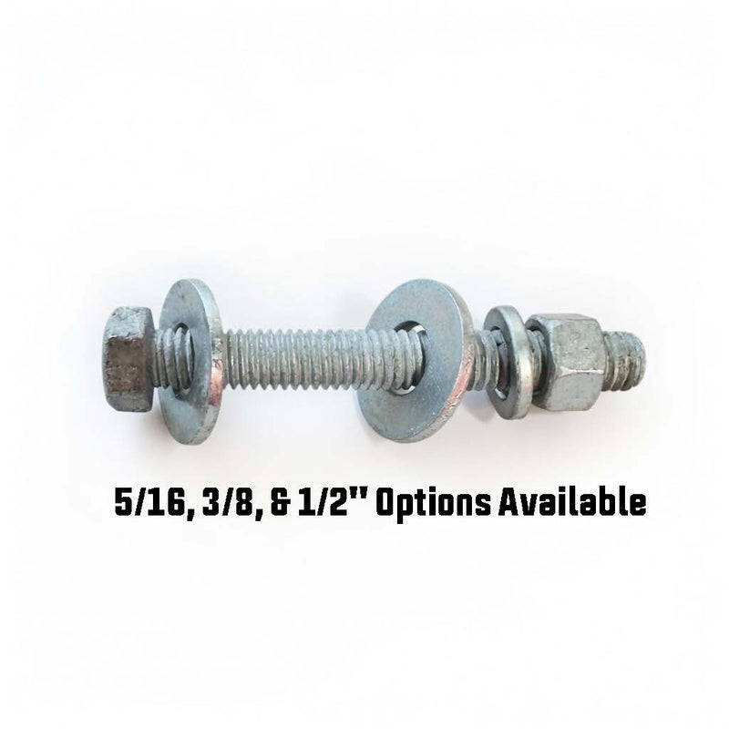 The HDG Hex Head Bolt Set by American Muscle Docks & Fabrication is shown on a white background. Text reads: 5/16, 3/8, & 1/2 options available—ideal for steel truss dock systems. Washers and nuts included.