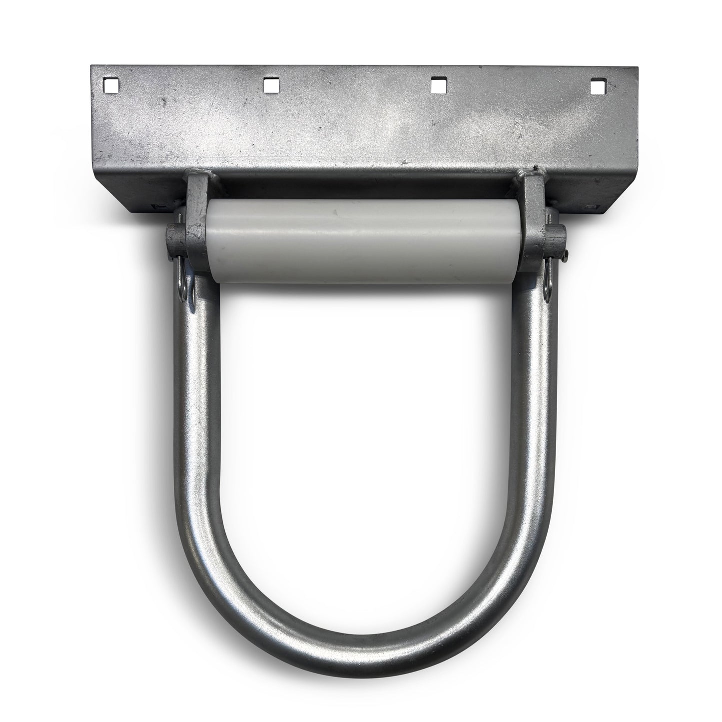 The American Muscle Docks & Fabrication Hoop Pile Guides (Poly Roller) feature a central poly roller and a curved U-shaped bracket, designed for mounting on flat surfaces.