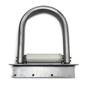 The American Muscle Docks & Fabrication Hoop Pile Guides (Poly Roller) features a galvanized steel U-bracket supporting a white poly dock roller on a holed base plate—ideal for external hoop pile guidance.