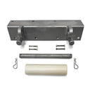 The American Muscle Docks & Fabrication Hoop Pile Guides (Poly Roller) kit includes a galvanized steel bracket, bolts, pins, a cylindrical rod, white plastic sleeve, and two retaining clips—ideal for dock roller or external hoop pile guide use.