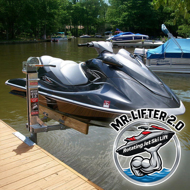 Jet ski being lifted by a MR. LIFTER 2.0 rotating jet ski lift on a dock with water and boats in the background.
