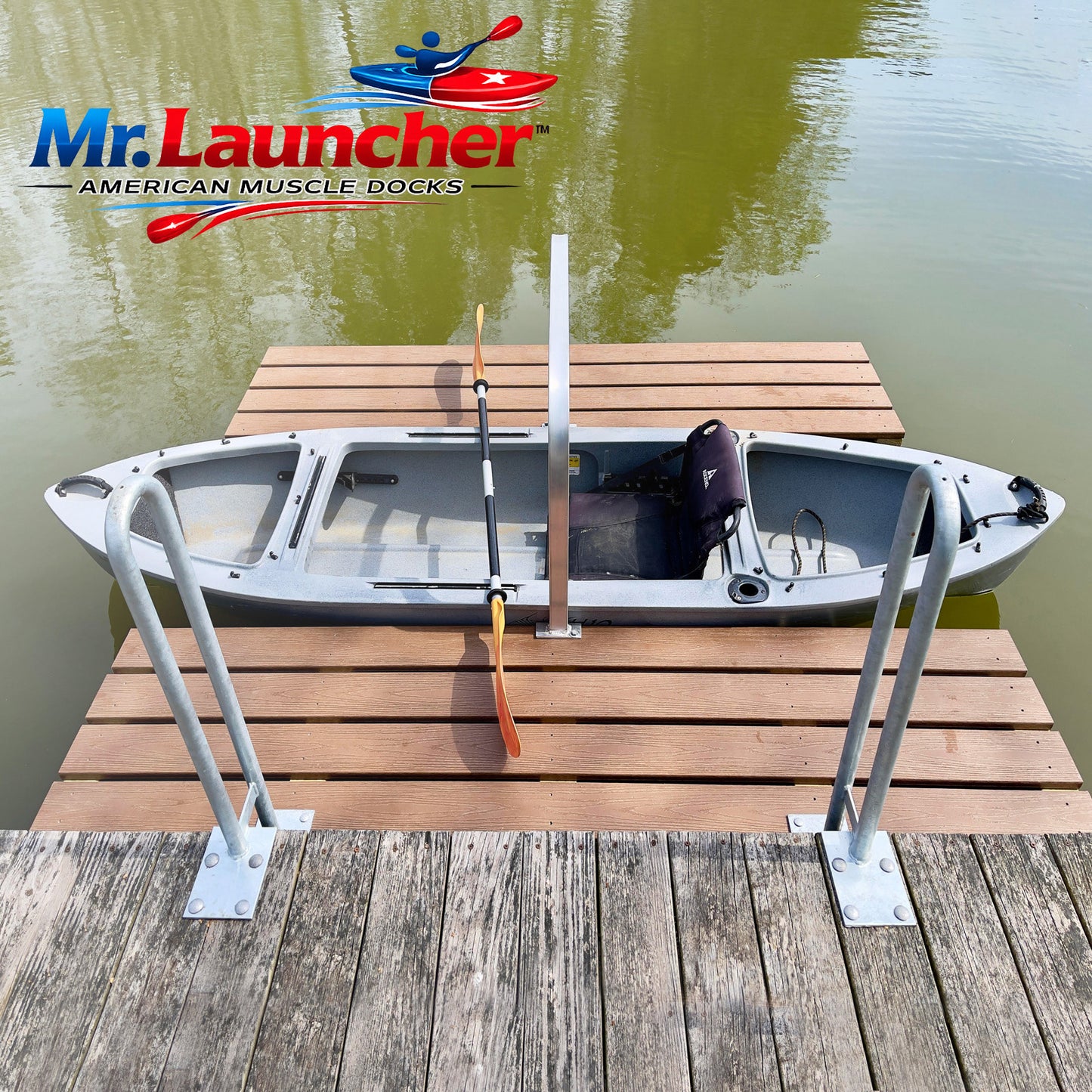 Mr. Launcher kayak launch system on a wooden dock with water background