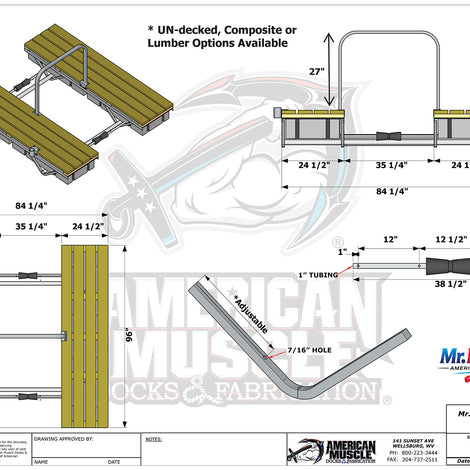 Technical drawing of a floating dock for kayaks with dimensions, assembly details, and labeling for components, provided by American Muscle Docks & Fabrication and Mr. Launcher.