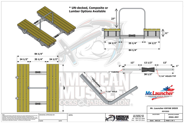 Technical drawing of a floating dock for kayaks with dimensions, assembly details, and labeling for components, provided by American Muscle Docks & Fabrication and Mr. Launcher.