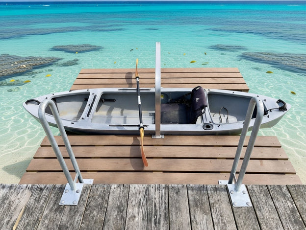 Kayak on a wooden dock with clear turquoise water in the background