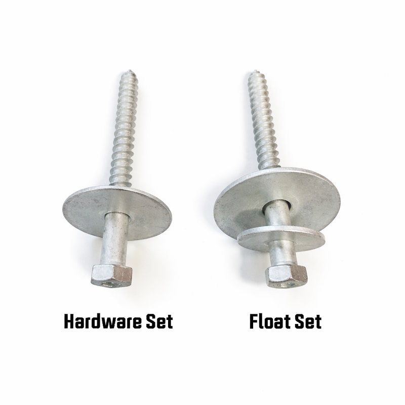Two HDG Lag Bolt Sets by American Muscle Docks & Fabrication, labeled Hardware Set (left) and Float Set (right), are displayed side by side with washers on a white background.