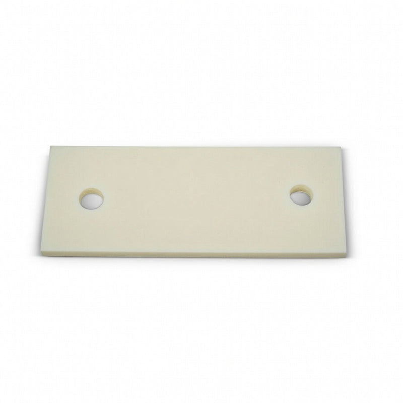 The Light Duty Pile Hoop Plastic Rub Plate by American Muscle Docks & Fabrication is a rectangular beige UHMW plate with two round holes side by side, shown on a white background.