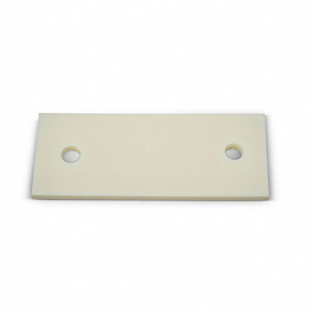 The Light Duty Pile Hoop Plastic Rub Plate by American Muscle Docks & Fabrication is a rectangular beige UHMW plate with two round holes side by side, shown on a white background.