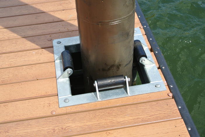 square pile guide roller inside dock frame built by American Muscle Docks