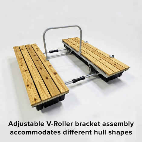 The Mr. Launcher Kayak Launch Dock by American Muscle Docks & Fabrication features two wooden planks on black floats, a metal handle, and adjustable V-roller brackets for stable docking and support of many hull shapes—ideal for launching kayaks.