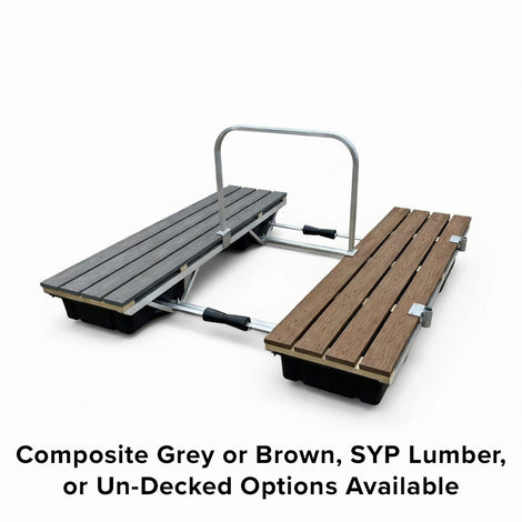 The Mr. Launcher Kayak Launch Dock by American Muscle Docks & Fabrication features two floating sections with metal frames, handrails, and composite grey and brown decking—other decking options available; ideal for stable dock entry or kayak launching.