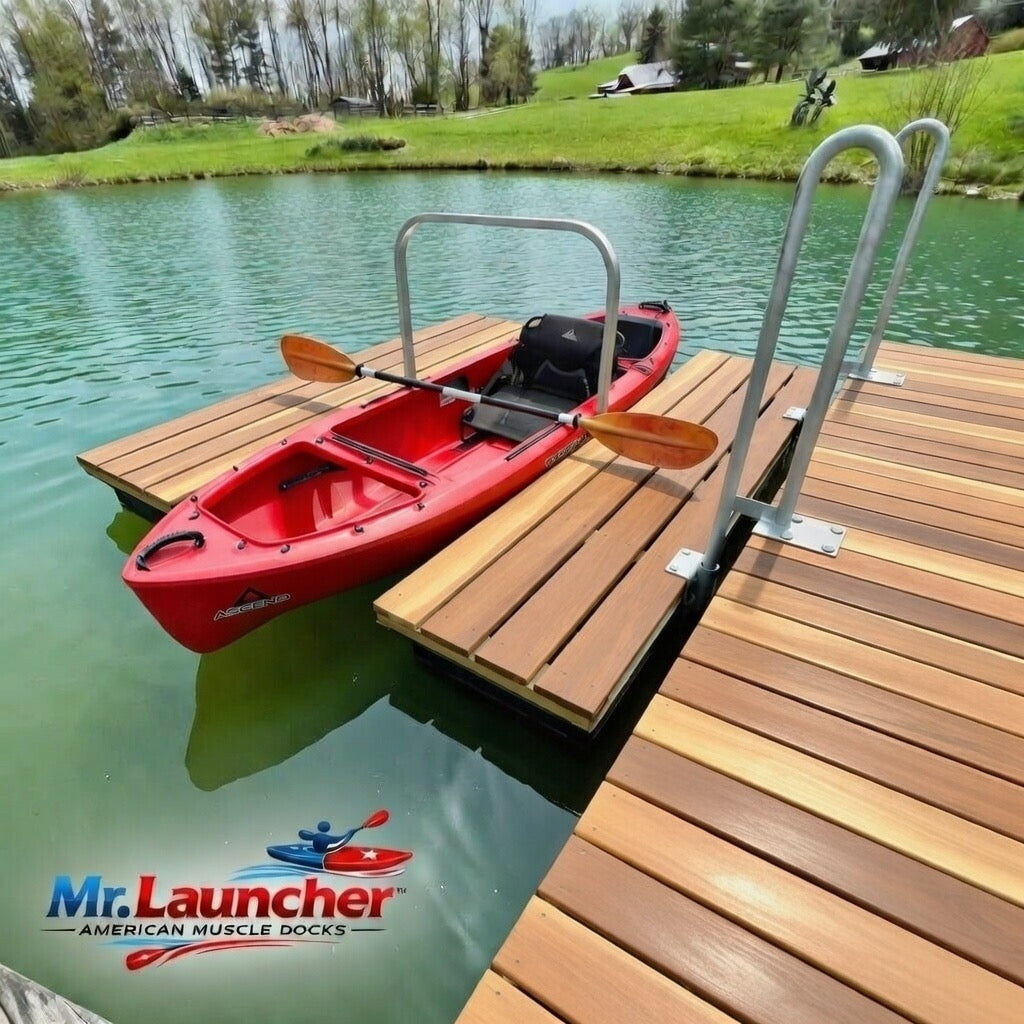 Red kayak on a wooden dock with 'Mr. Launcher' branding.