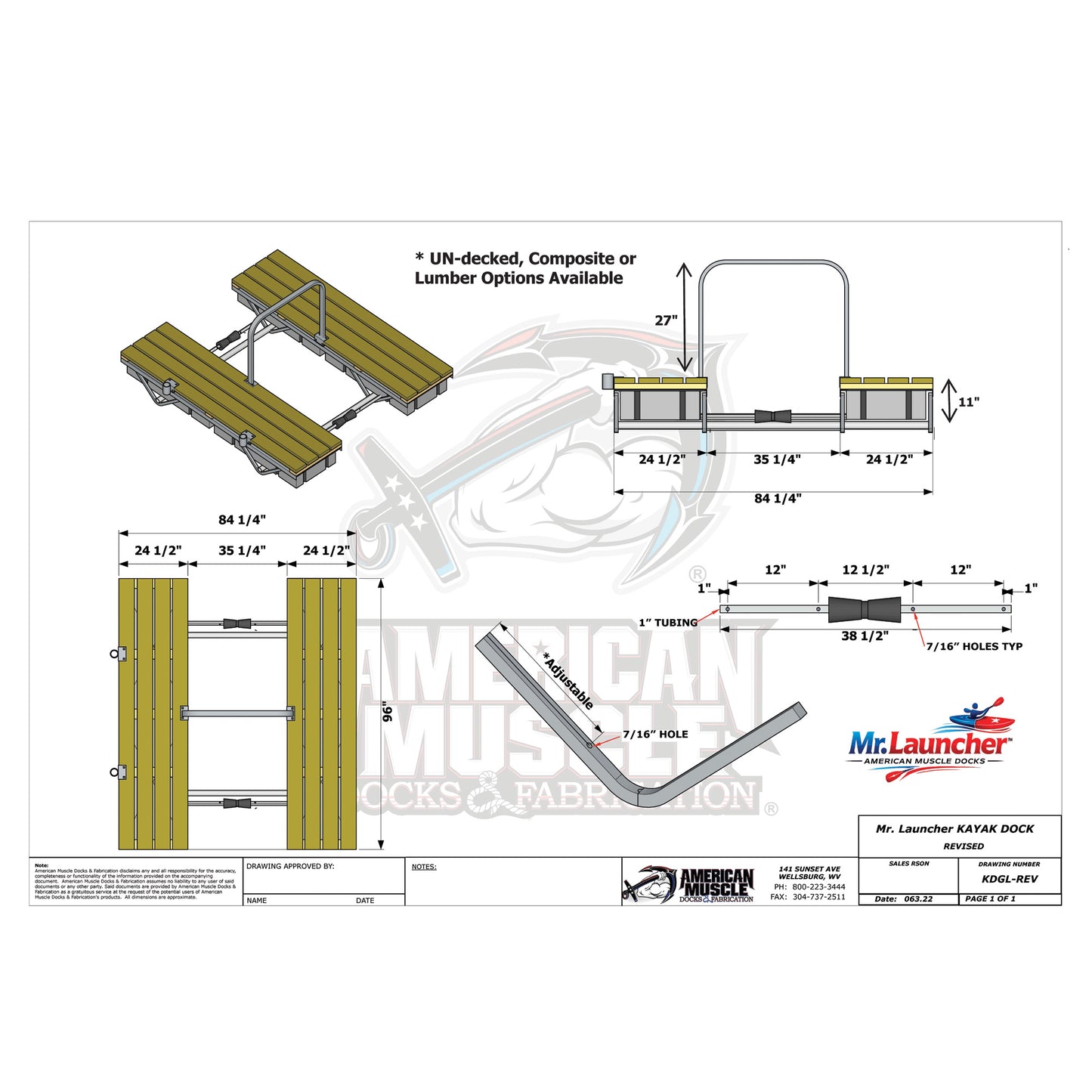 Technical drawing of the Mr. Launcher Kayak Launch Dock by American Muscle Docks & Fabrication, with dimensions, top/side/isometric views, lumber decking, labeled parts for stable kayak entry, and a visible brand logo in the background.
