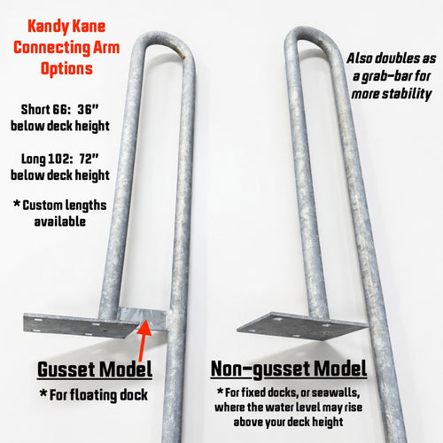 Two metal connecting arms for the Mr. Launcher Kayak Launch Dock by American Muscle Docks & Fabrication are shown: one gusset model with an angled support plate, and one non-gusset model, both with mounting plates at the base.