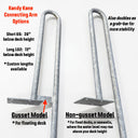 Two metal connecting arms for the Mr. Launcher Kayak Launch Dock by American Muscle Docks & Fabrication are shown: one gusset model with an angled support plate, and one non-gusset model, both with mounting plates at the base.