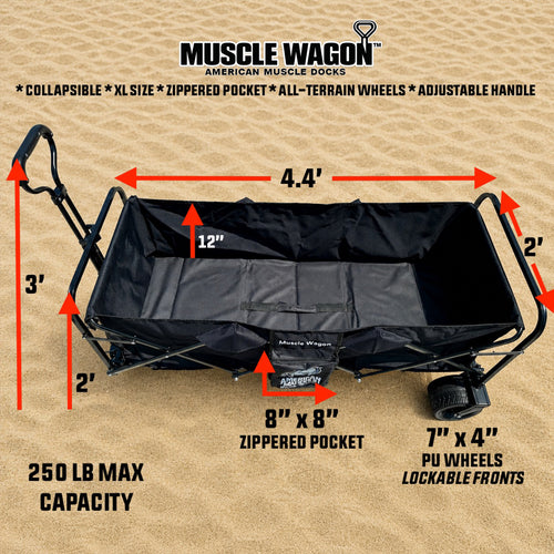 The American Muscle Docks Collapsible Pull Wagon features a black heavy-duty build, adjustable handle for sand, labeled measurements, zippered pocket, lockable wheels, and 250 lb capacity—designed for convenience and durability.