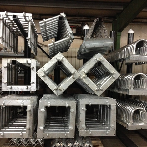 heavy duty dock hardware in warehouse on racks built by American Muscle Docks
