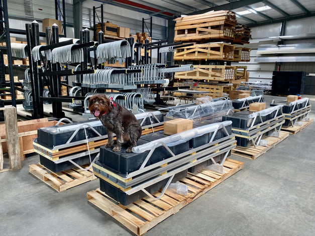 Dog standing on a simple dock in a warehouse with heavy duty hardware in the background built by American Muscle Docks