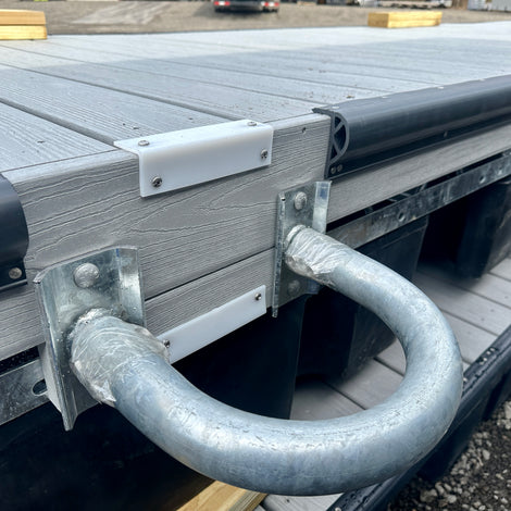 pile guide hoop on floating composite dock built by American Muscle Docks