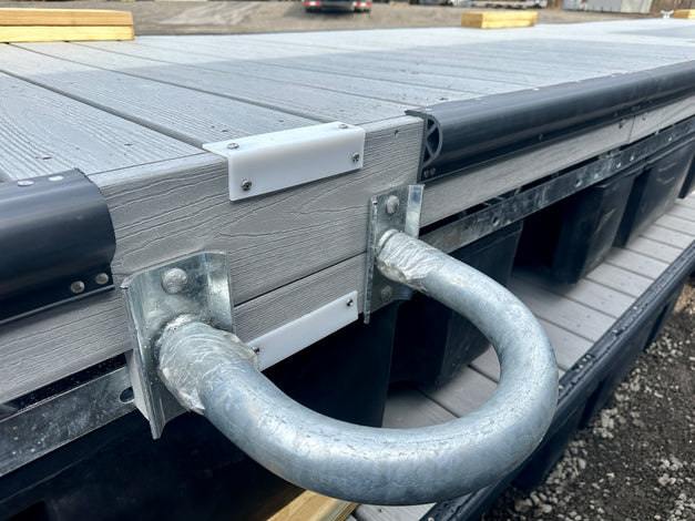 pile guide hoop on floating composite dock built by American Muscle Docks