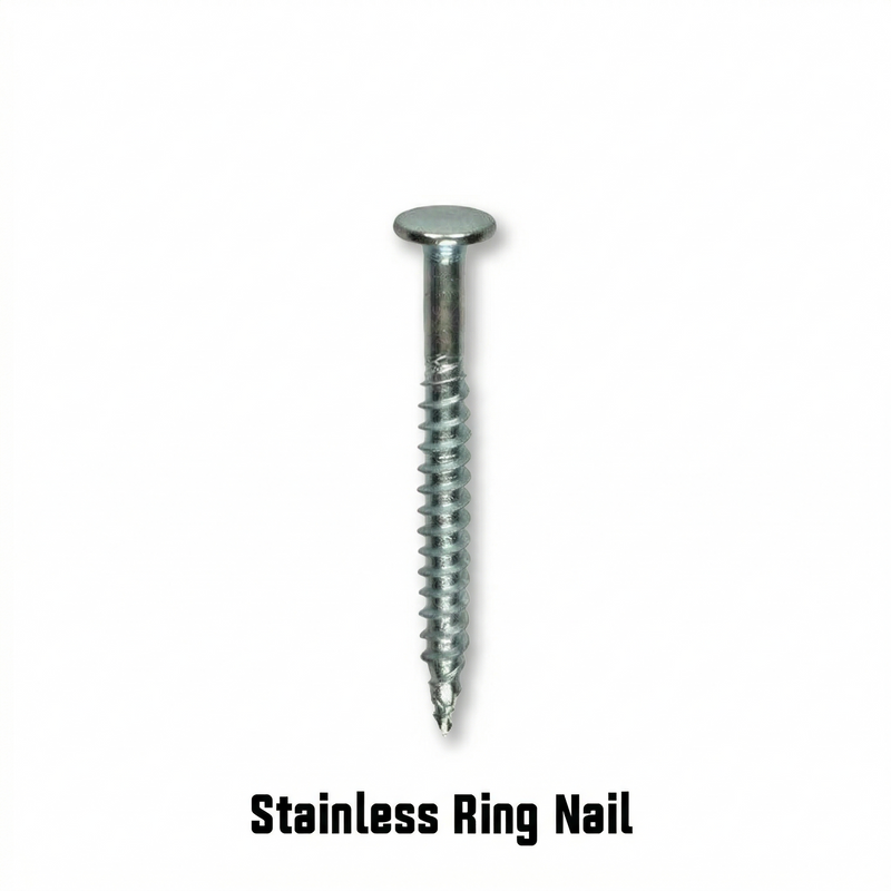 A single metallic screw with a flat head and threaded shaft, labeled "Rubrail Ring Nail by American Muscle Docks & Fabrication" below the image.