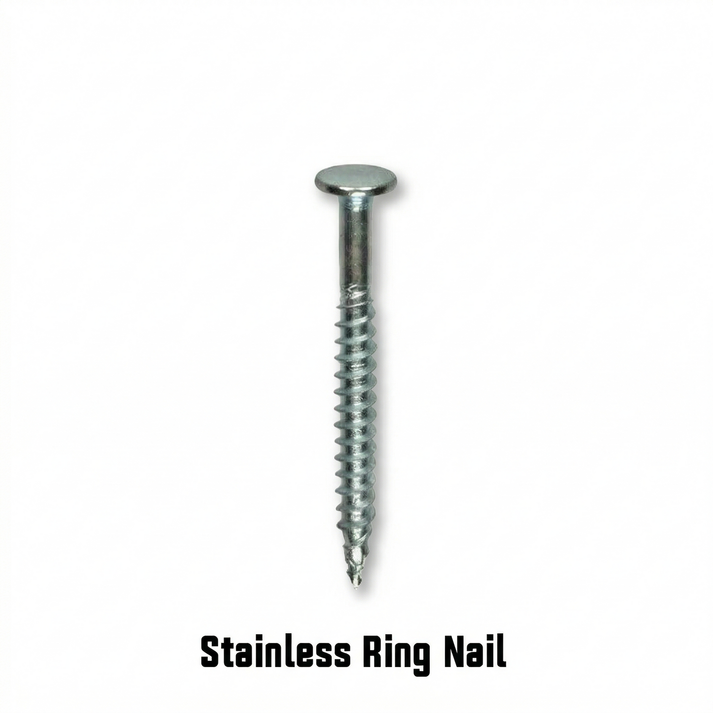 A Rubrail Ring Nail or Screw by American Muscle Docks & Fabrication, featuring an oversize flat head and ridged shank, is displayed vertically on a white background. Text below reads Rubrail Ring Nail or Screw.