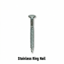 A Rubrail Ring Nail or Screw by American Muscle Docks & Fabrication, featuring an oversize flat head and ridged shank, is displayed vertically on a white background. Text below reads Rubrail Ring Nail or Screw.